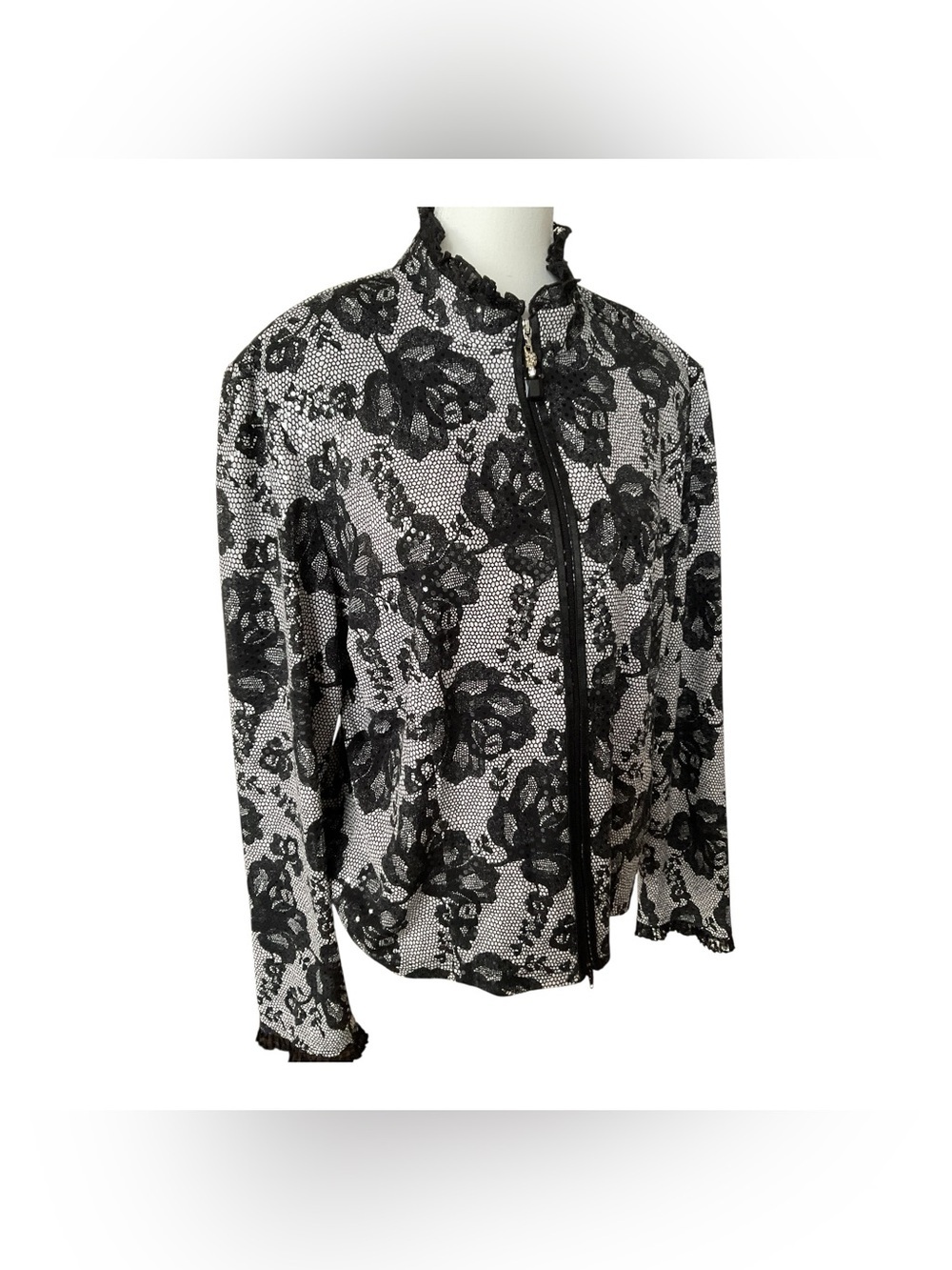 Joseph Ribkoff Lace Sequin Moto Jacket Black White 16